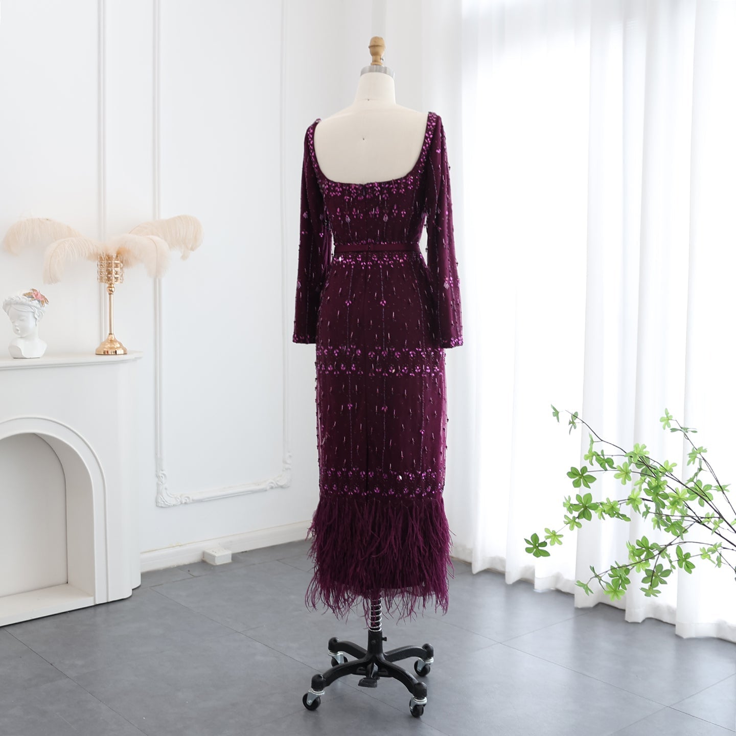 Luxury Gray Feather Straight Evening Dress with Cape Sleeves SS279