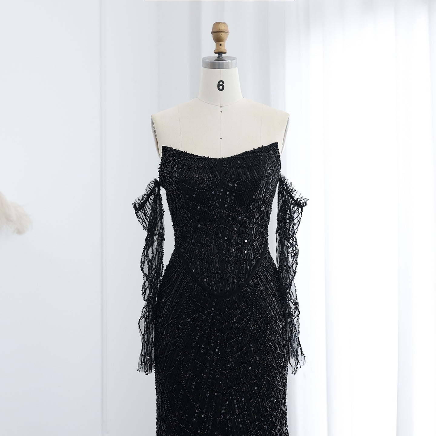 Luxury Beaded Black Strapless Evening Dress with Sleeves SS685