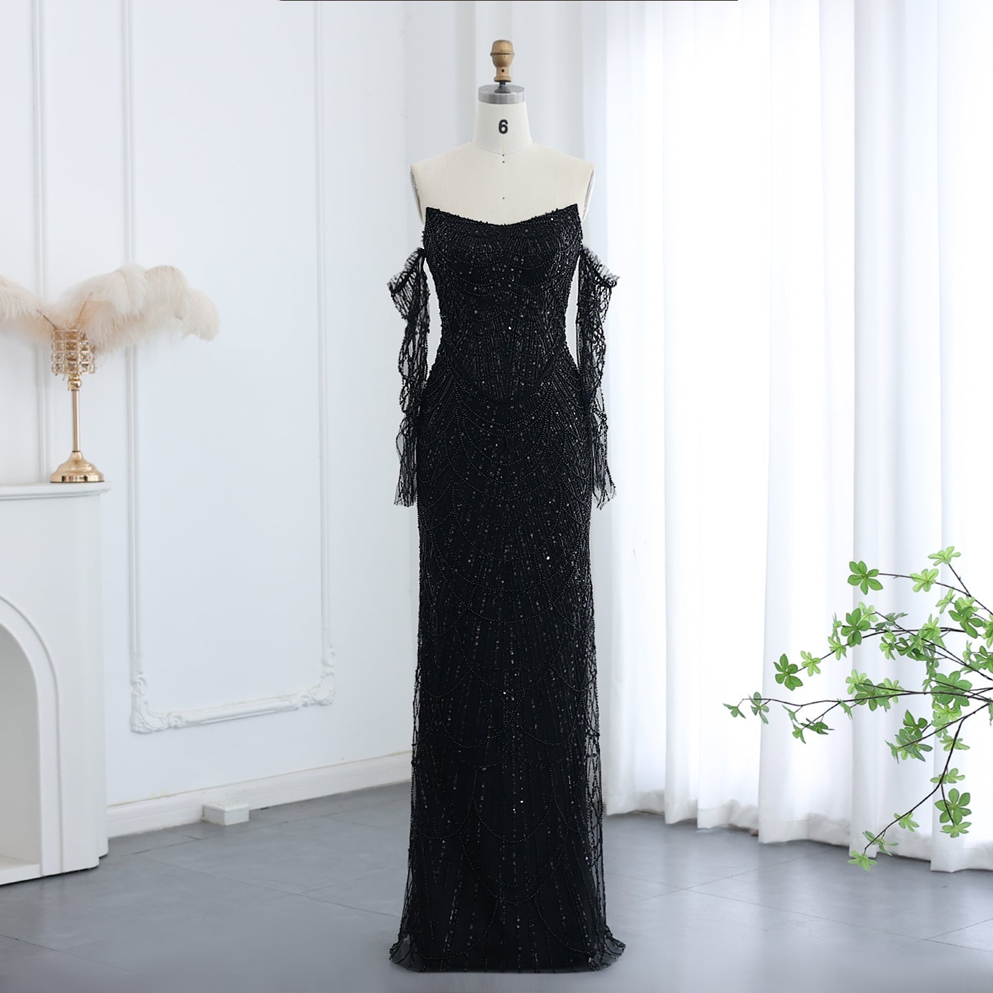 Luxury Beaded Black Strapless Evening Dress with Sleeves SS685  Black / US 16