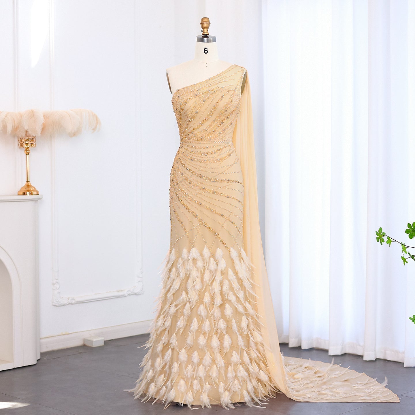 Luxury Feather Turquoise One Shoulder Evening Dress SS498  Champagne / US 20