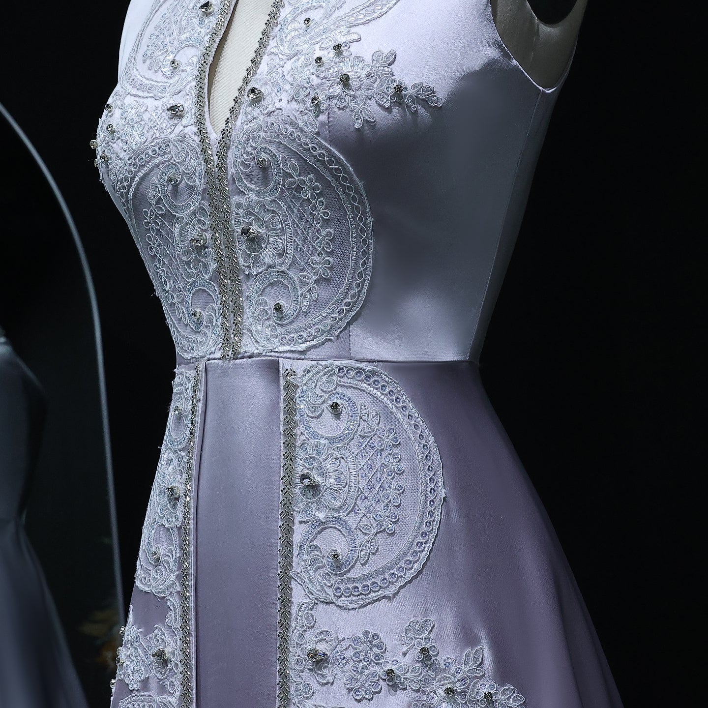 Elegant Gray Floral Embroidery High Neck Evening Dress XD-003