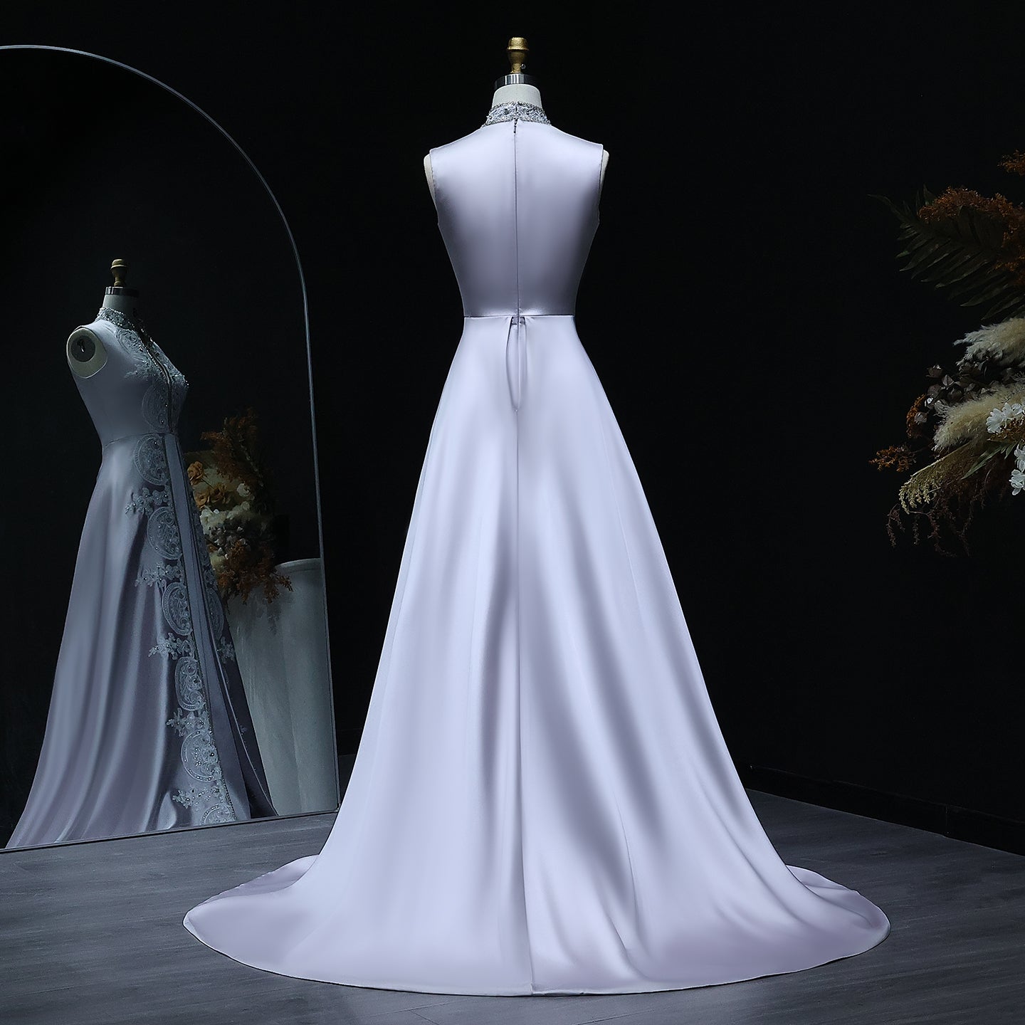 Elegant Gray Floral Embroidery High Neck Evening Dress XD-003