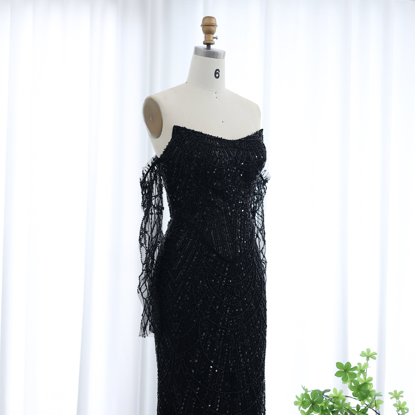 Luxury Beaded Black Strapless Evening Dress with Sleeves SS685