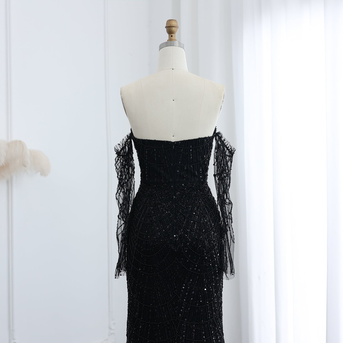 Luxury Beaded Black Strapless Evening Dress with Sleeves SS685