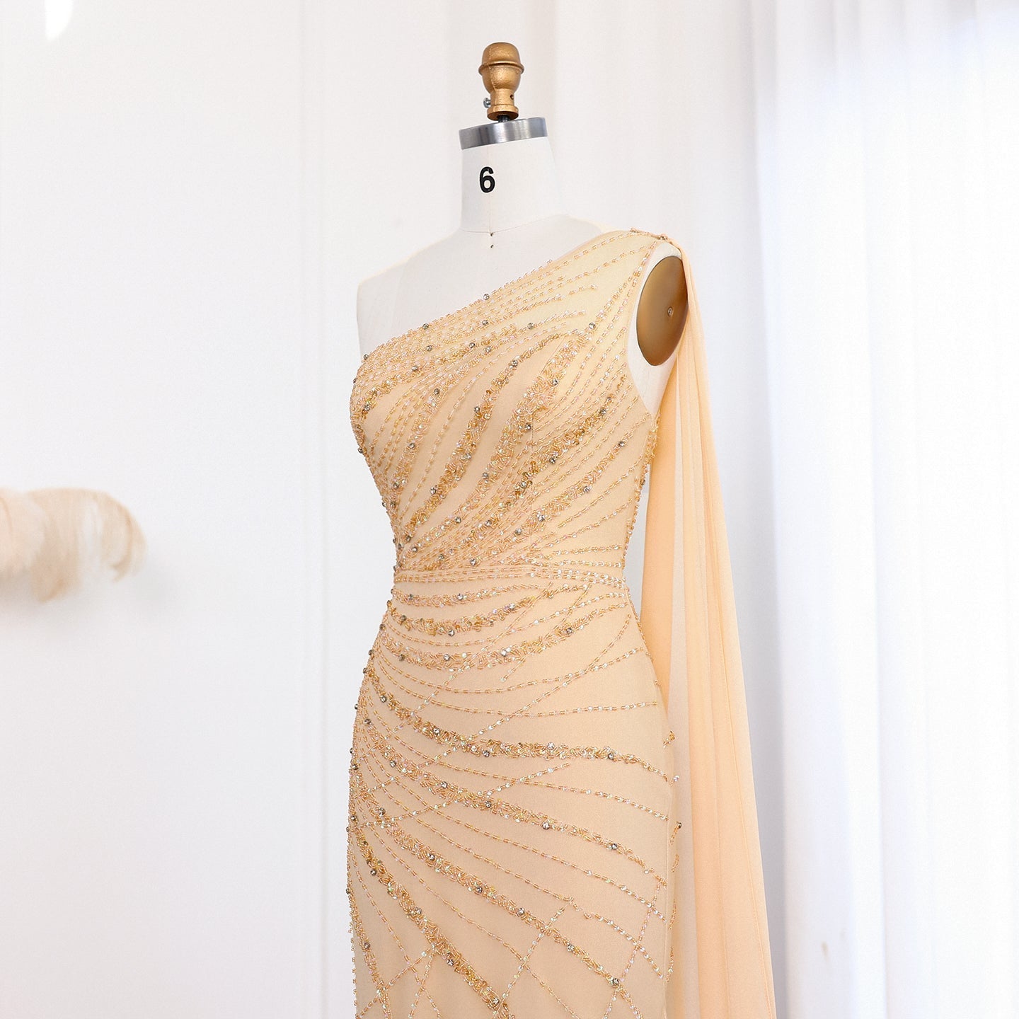 Luxury Feather Turquoise One Shoulder Evening Dress SS498