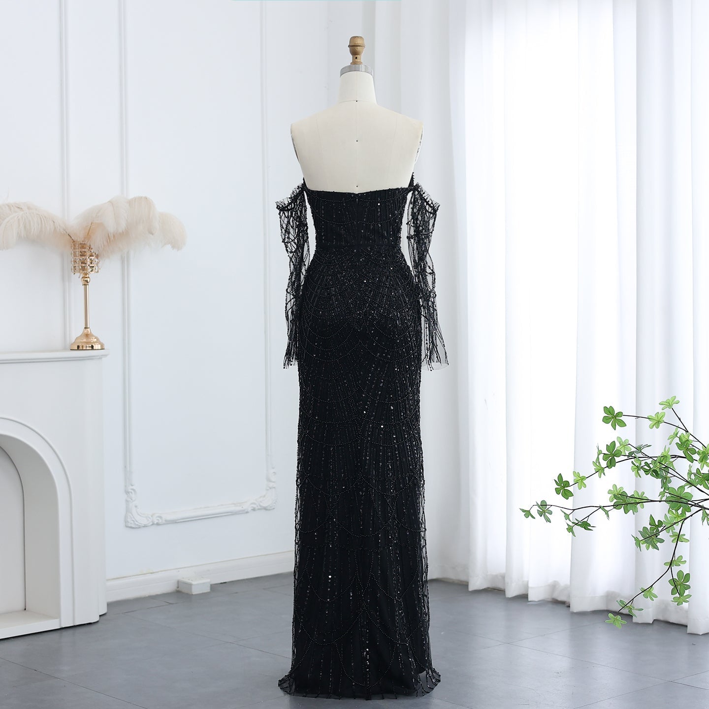 Luxury Beaded Black Strapless Evening Dress with Sleeves SS685