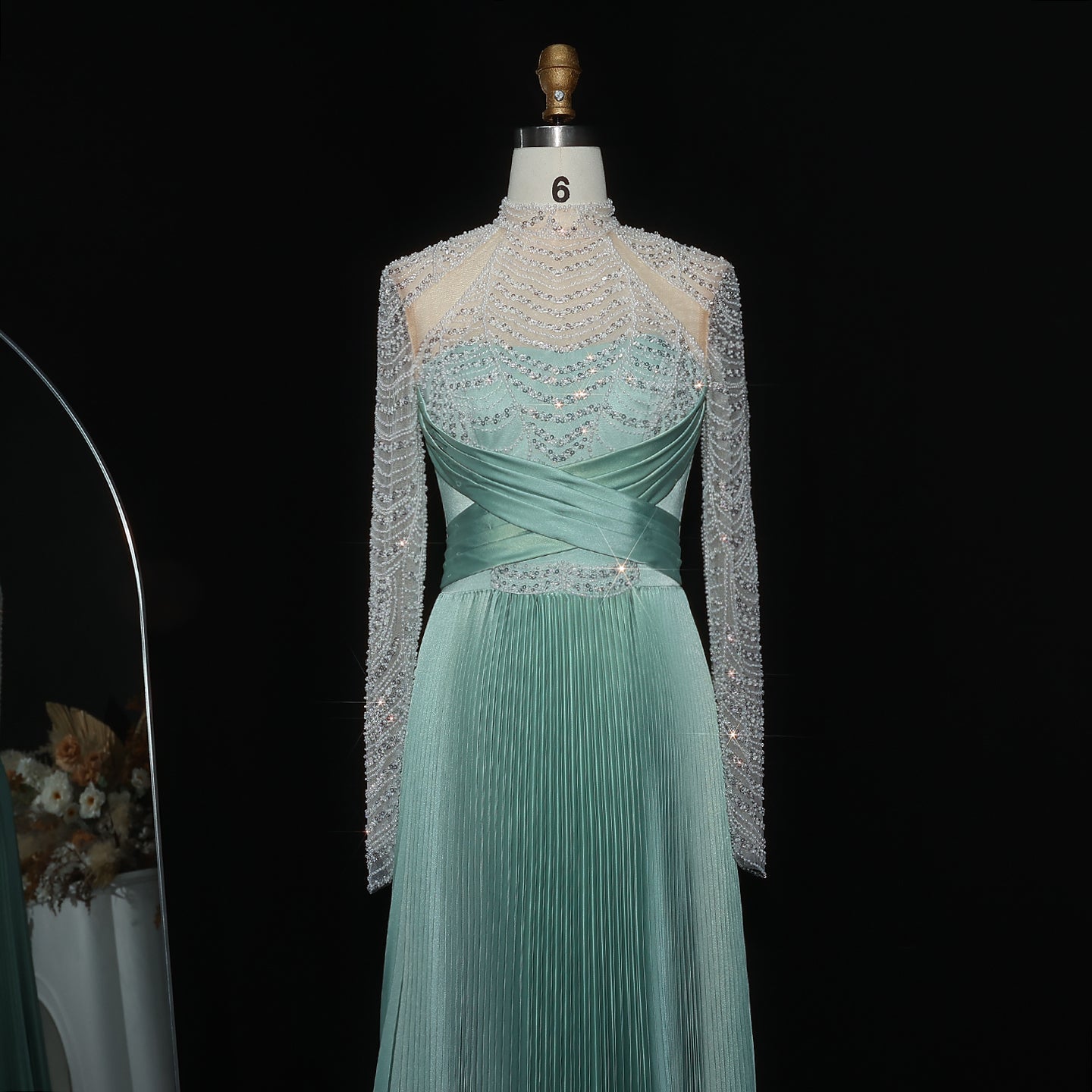 Chic Green Pleated Evening Dress with Beaded Long Sleeves SS674