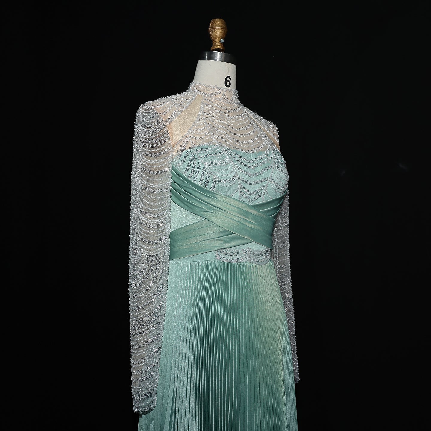 Chic Green Pleated Evening Dress with Beaded Long Sleeves SS674