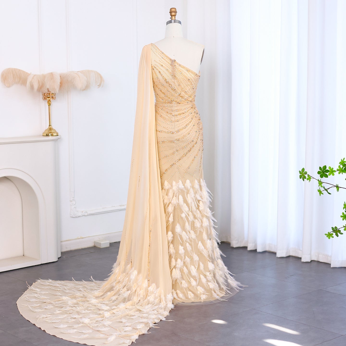 Luxury Feather Turquoise One Shoulder Evening Dress SS498