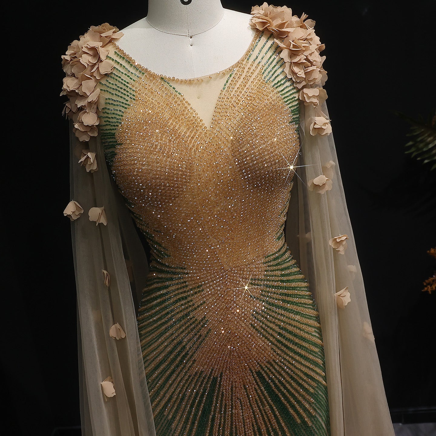 Luxury Beaded 3D flowers Evening Dress with Cape SS022