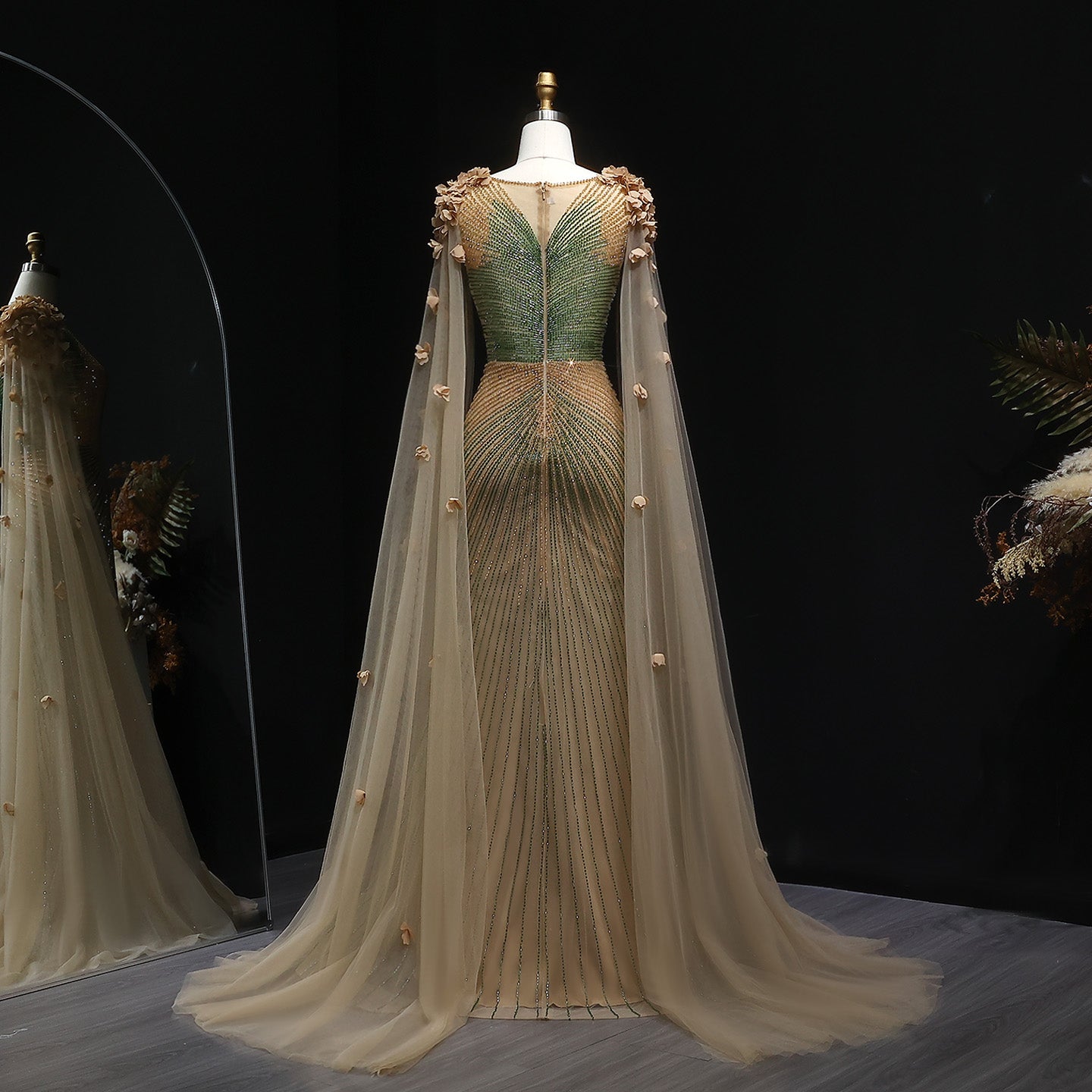 Luxury Beaded 3D flowers Evening Dress with Cape SS022