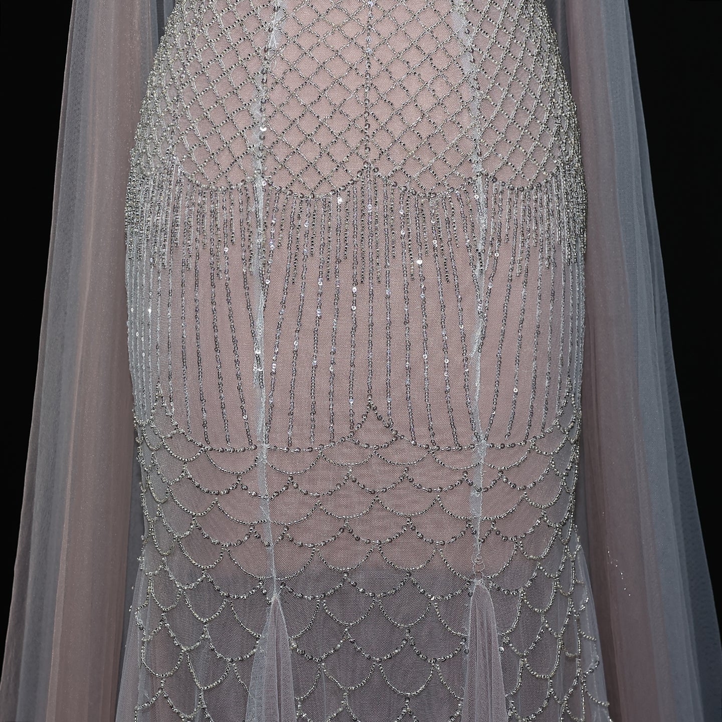 Elegant Beaded Lotus Pink Evening Dress with Sheer Cape Choker SS509