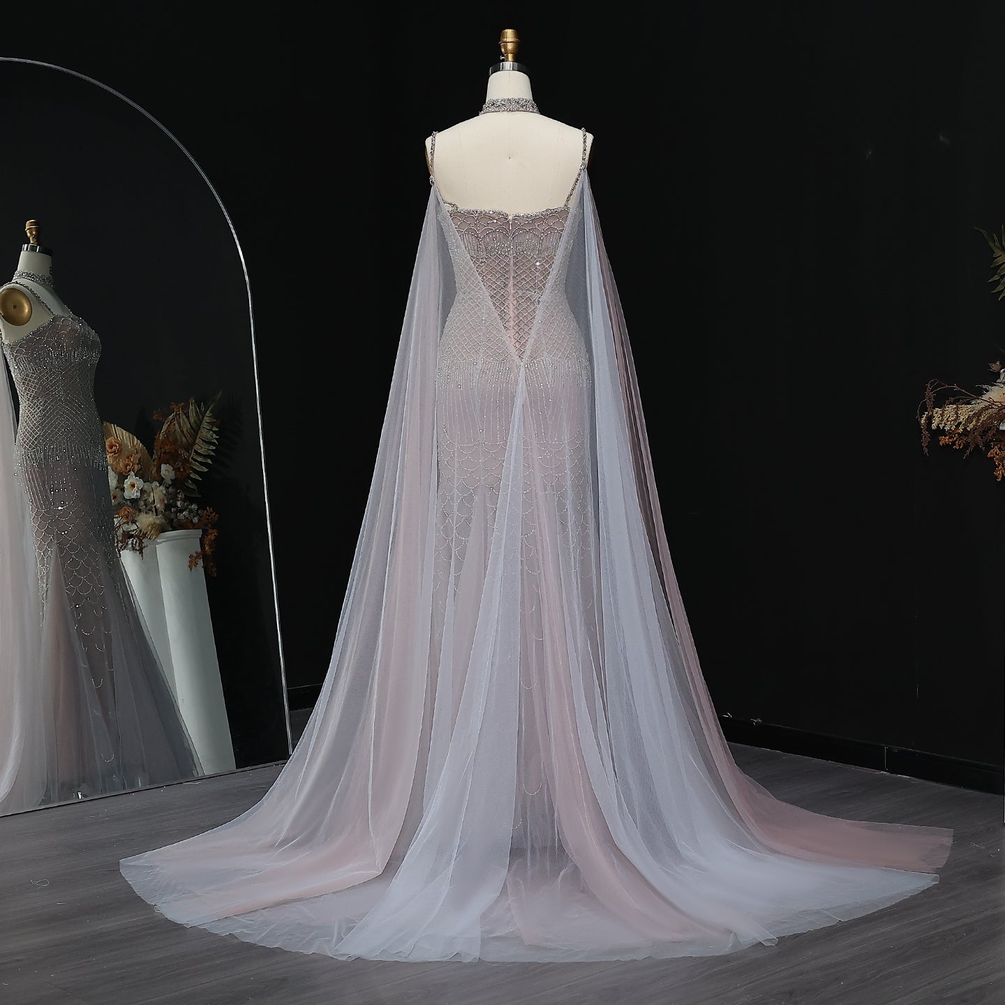 Elegant Beaded Lotus Pink Evening Dress with Sheer Cape Choker SS509