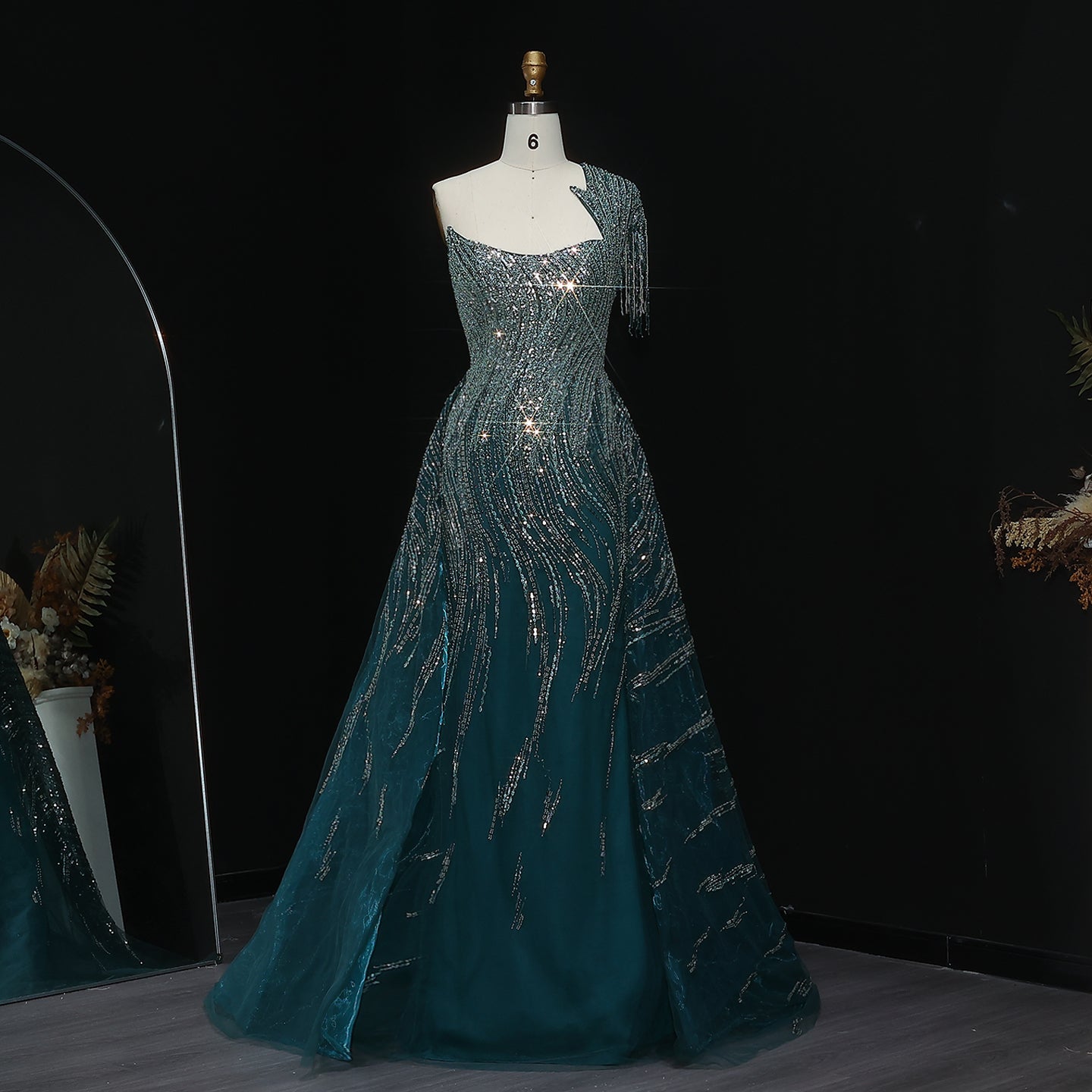 Luxury Beaded Tassel Red One Shoulder Evening Dress with Overskirt SS008  Green / US 18