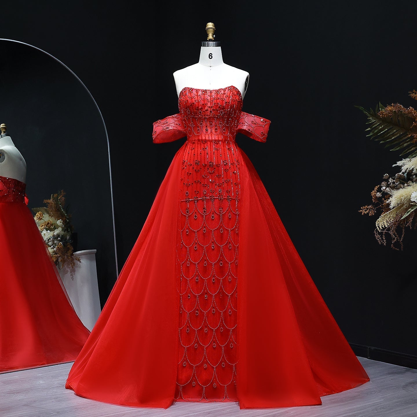 Luxury Champagne Evening Dress with Overskirt SS168  Red / US 16