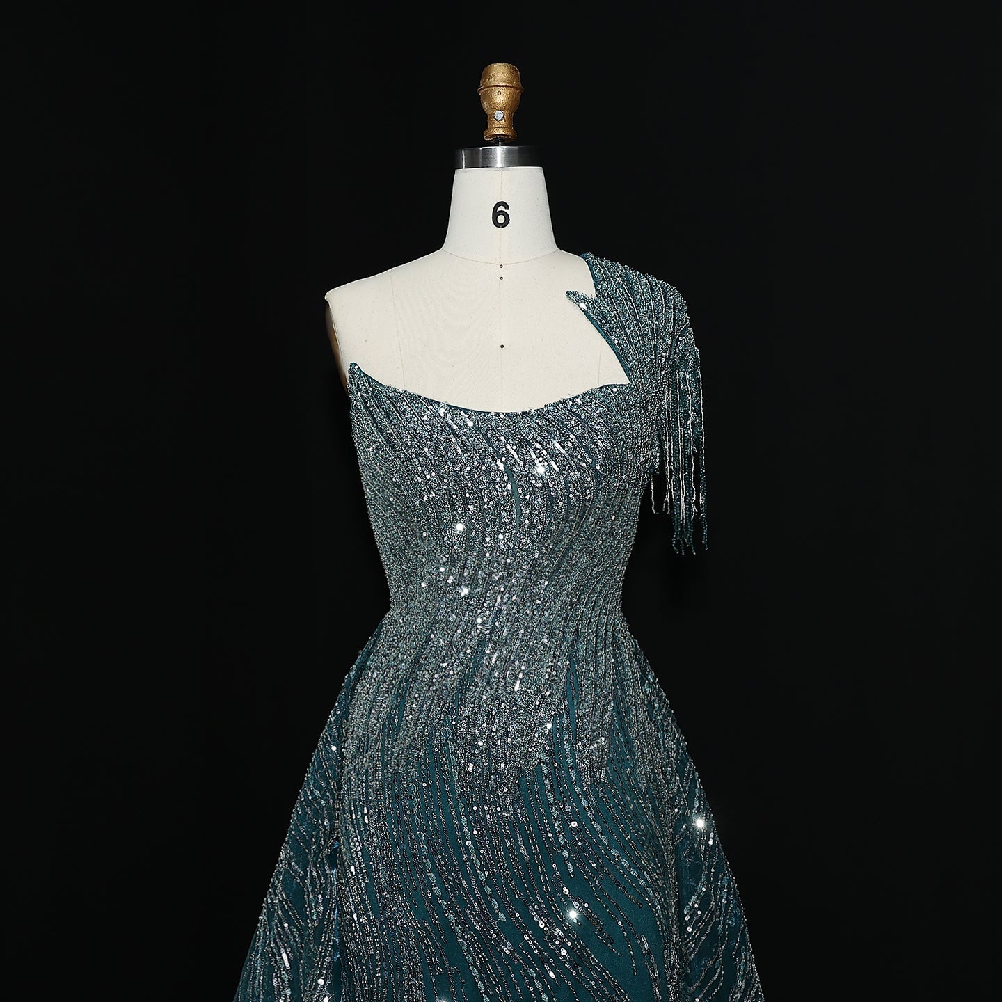 Luxury Beaded Tassel Red One Shoulder Evening Dress with Overskirt SS008