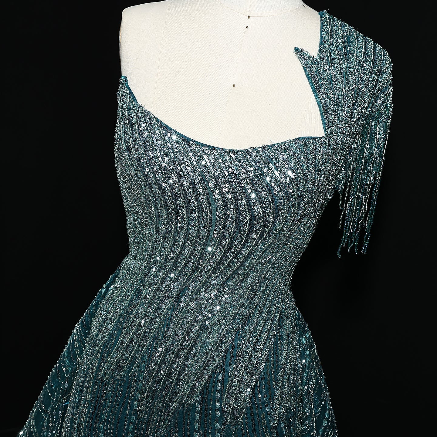 Luxury Beaded Tassel Red One Shoulder Evening Dress with Overskirt SS008