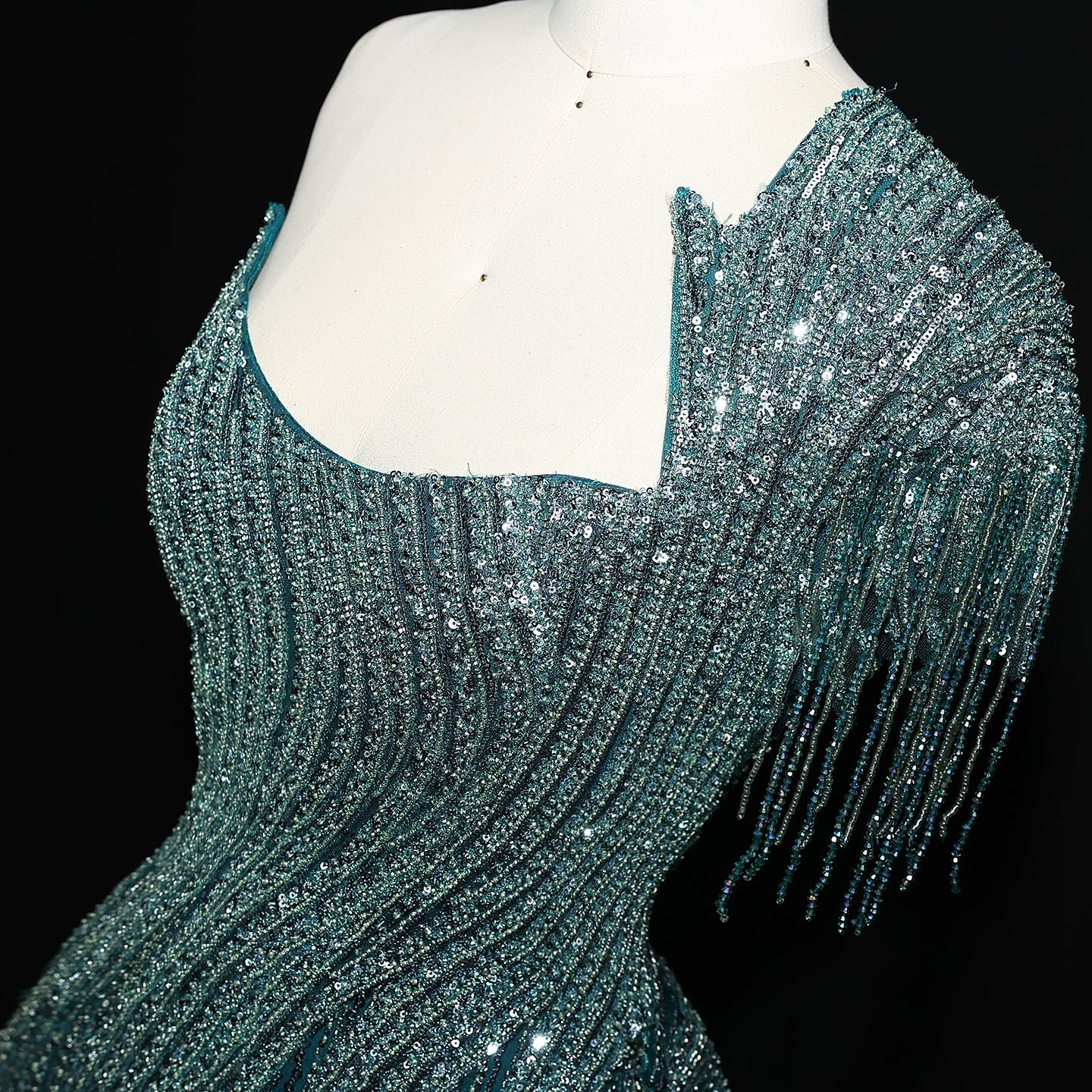 Luxury Beaded Tassel Red One Shoulder Evening Dress with Overskirt SS008