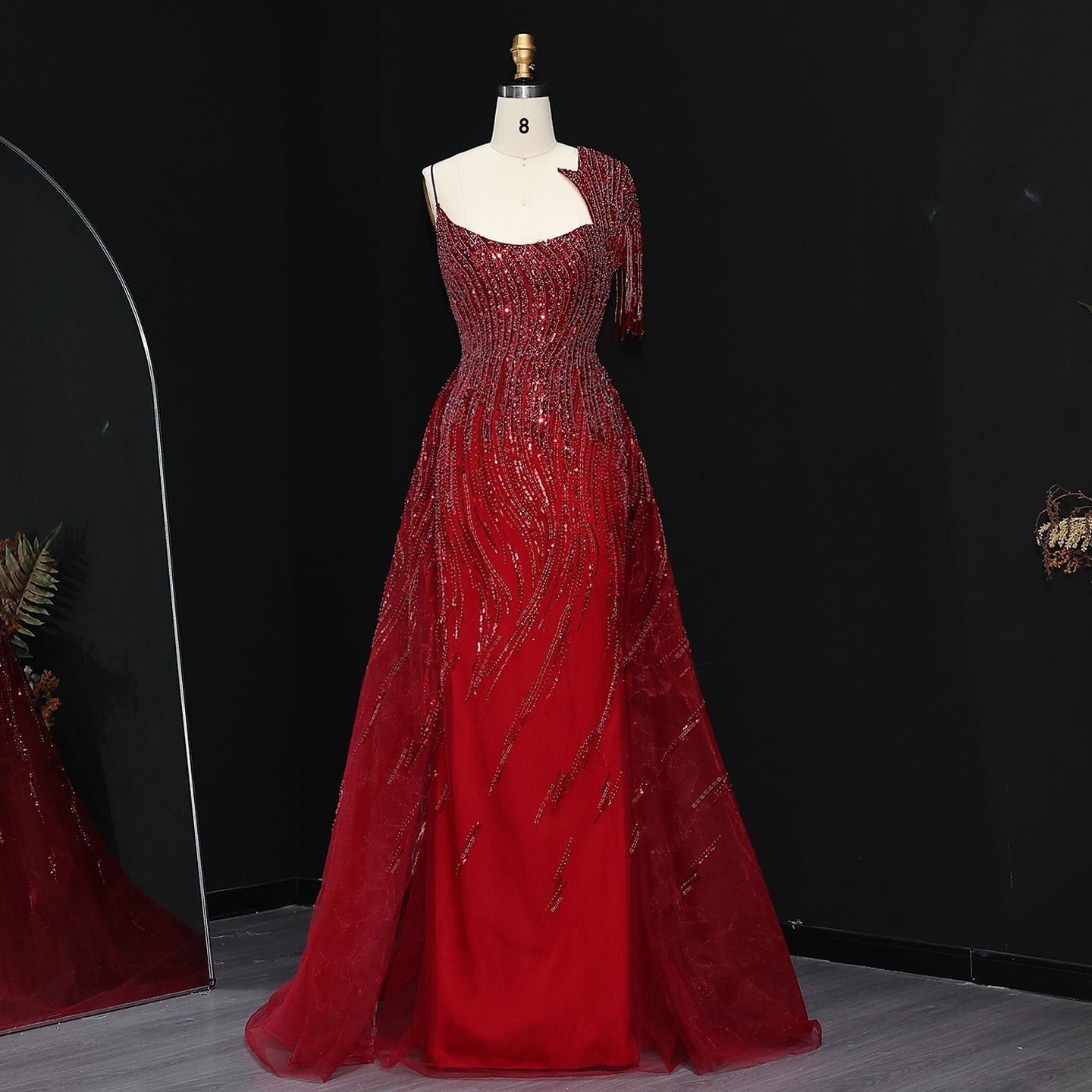 Luxury Beaded Tassel Red One Shoulder Evening Dress with Overskirt SS008  Burgundy / US 18