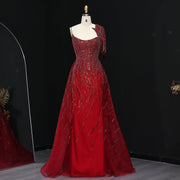 Luxury Beaded Tassel Red One Shoulder Evening Dress with Overskirt SS008  Burgundy / US 18