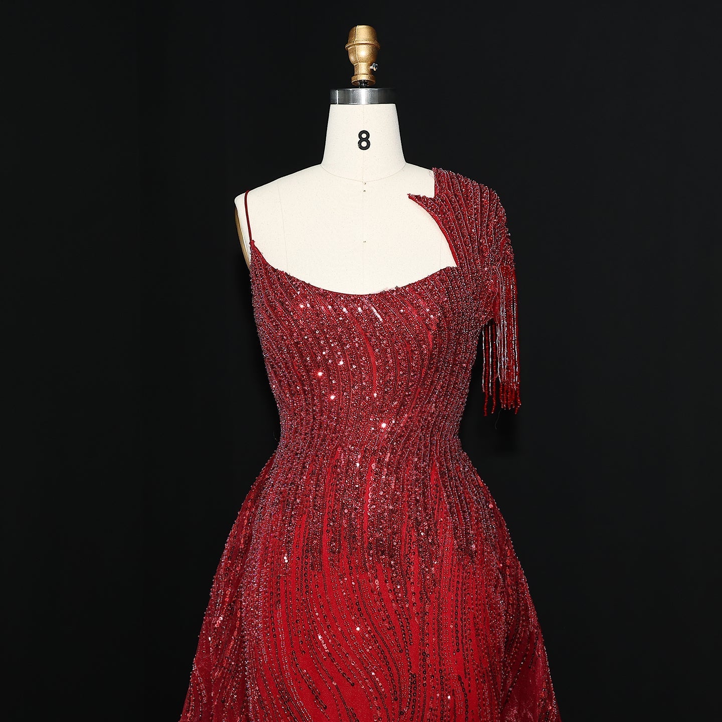 Luxury Beaded Tassel Red One Shoulder Evening Dress with Overskirt SS008
