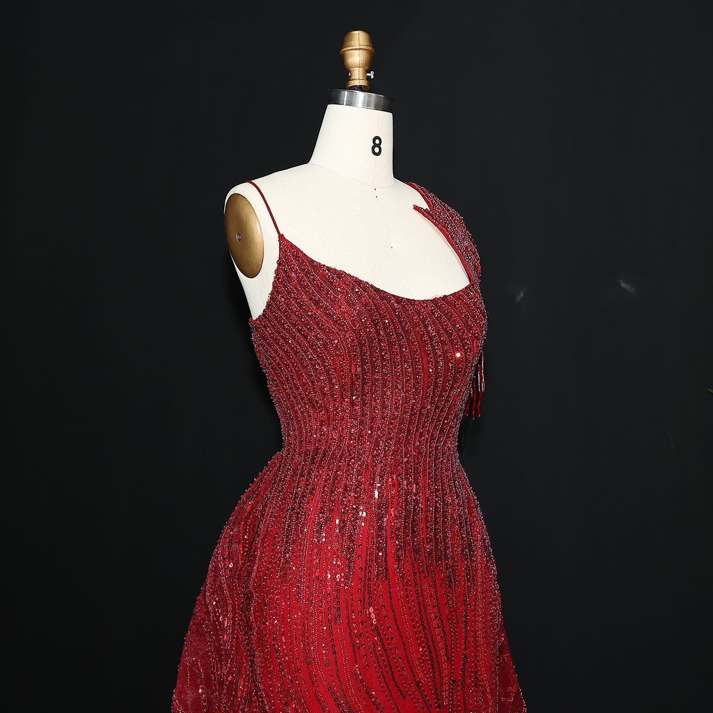 Luxury Beaded Tassel Red One Shoulder Evening Dress with Overskirt SS008