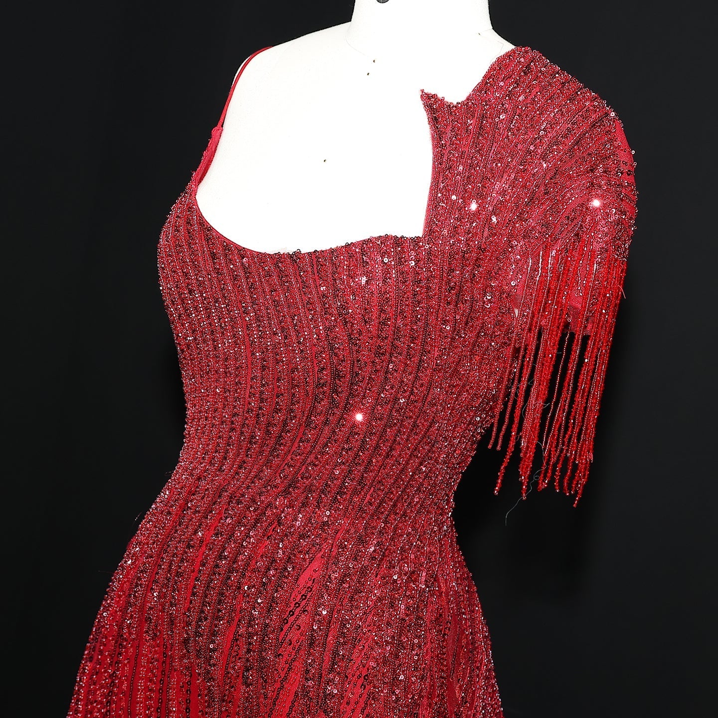 Luxury Beaded Tassel Red One Shoulder Evening Dress with Overskirt SS008