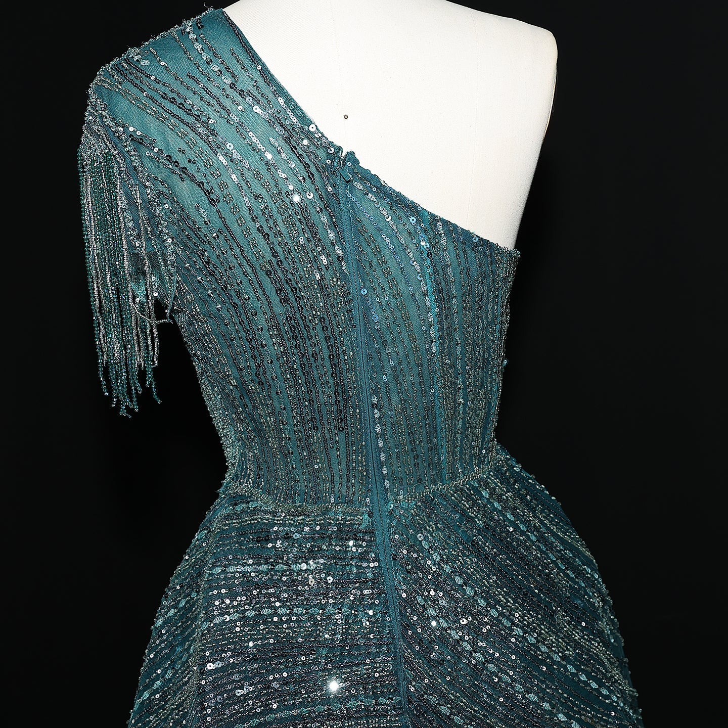 Luxury Beaded Tassel Red One Shoulder Evening Dress with Overskirt SS008