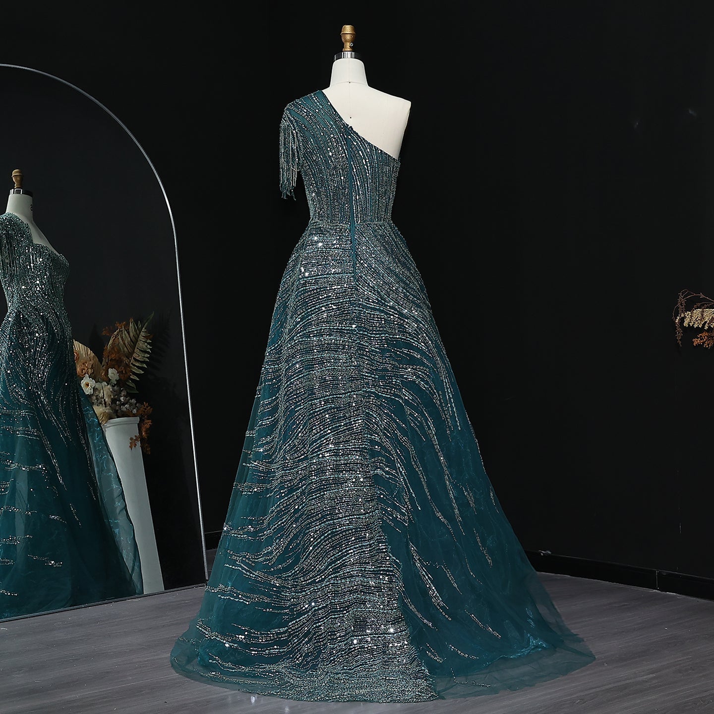 Luxury Beaded Tassel Red One Shoulder Evening Dress with Overskirt SS008