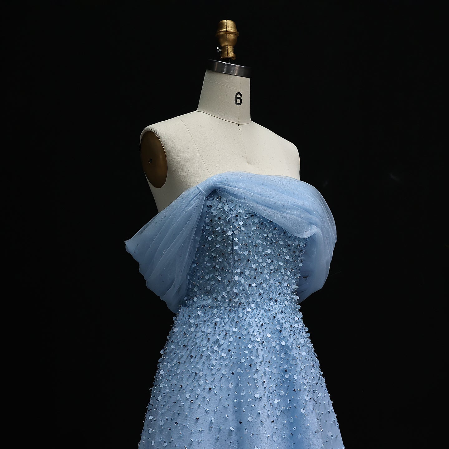 Luxury Beaded Blue Off Shoulder Evening Dress SS510