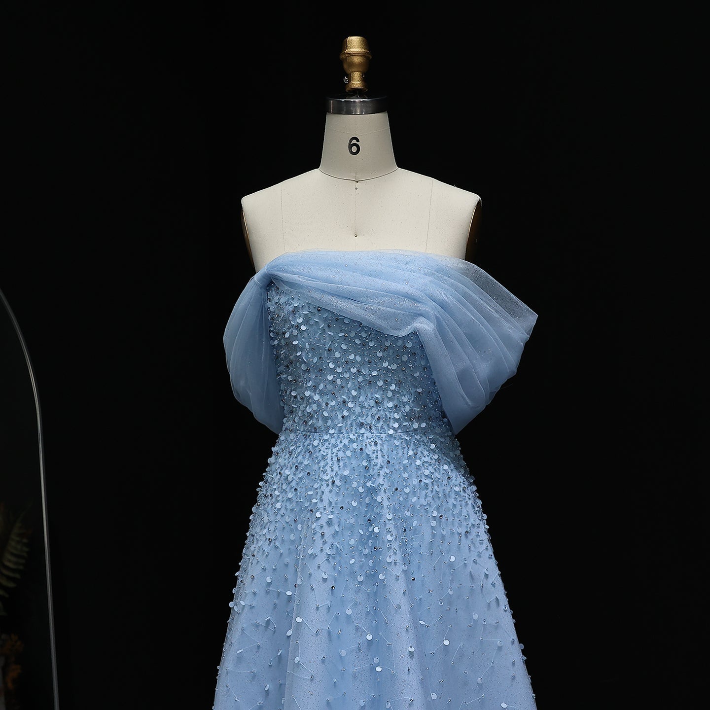 Luxury Beaded Blue Off Shoulder Evening Dress SS510