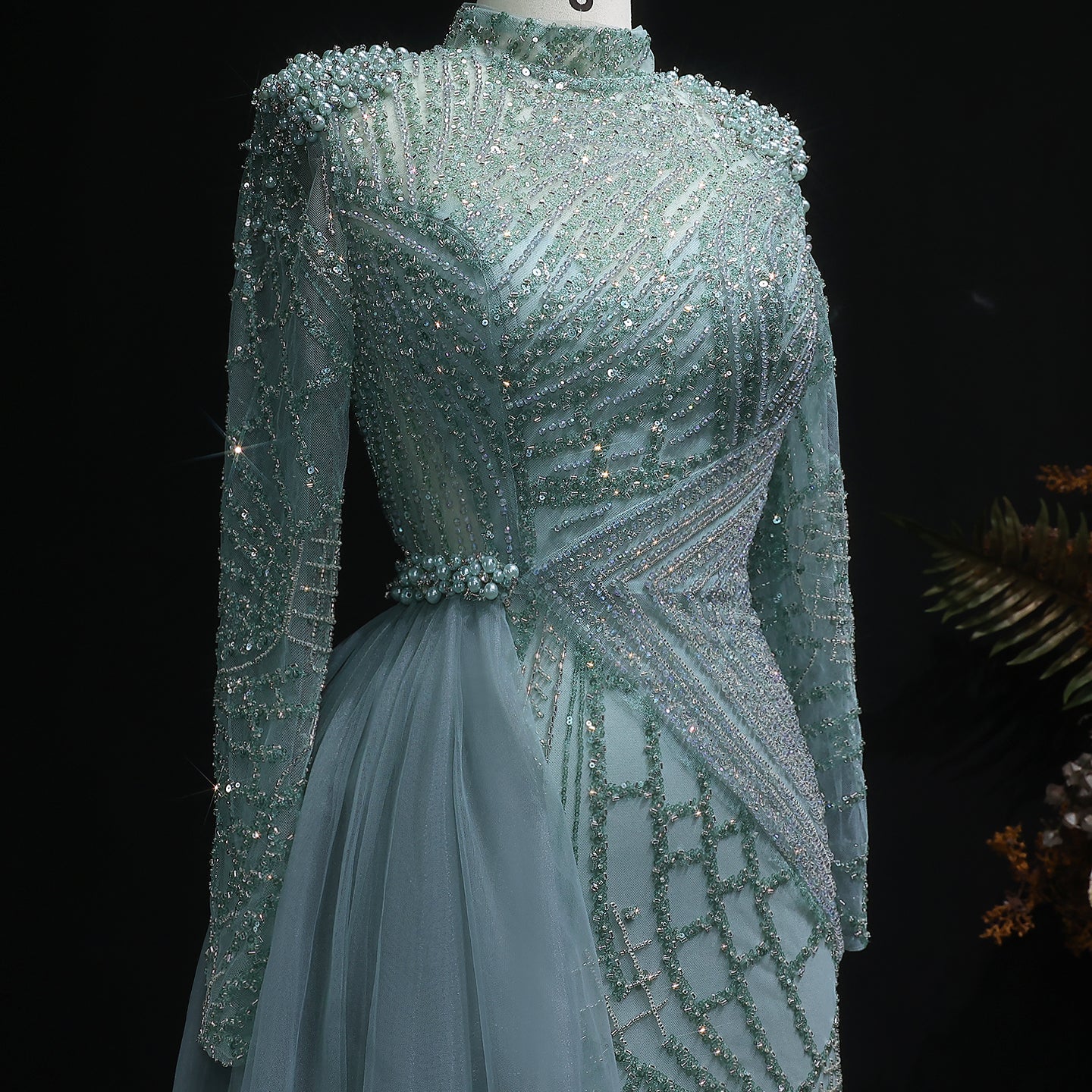 Glamorous Beaded Turquoise Evening Dress with Overskirt SS064