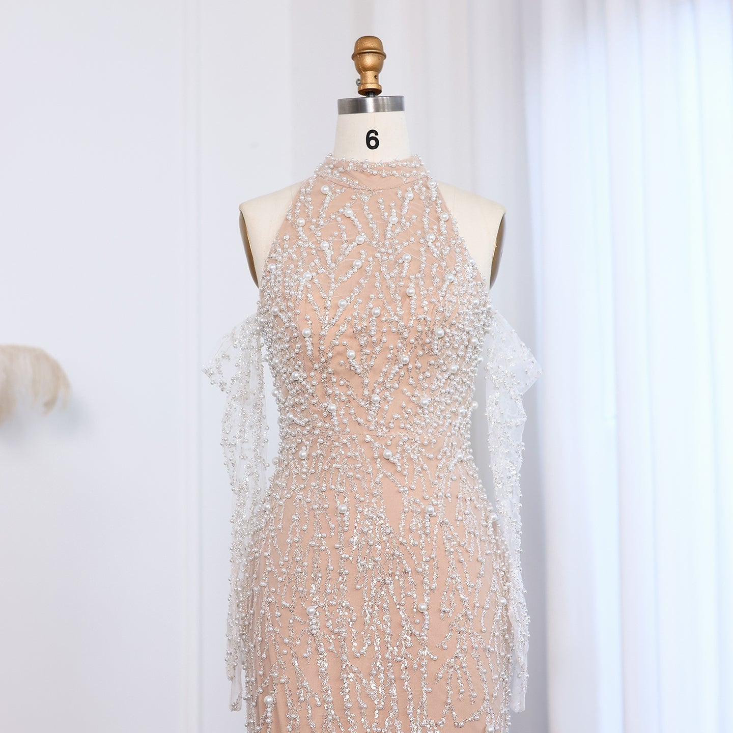 Luxury Beaded Nude Evening Dress with Gloves SS677