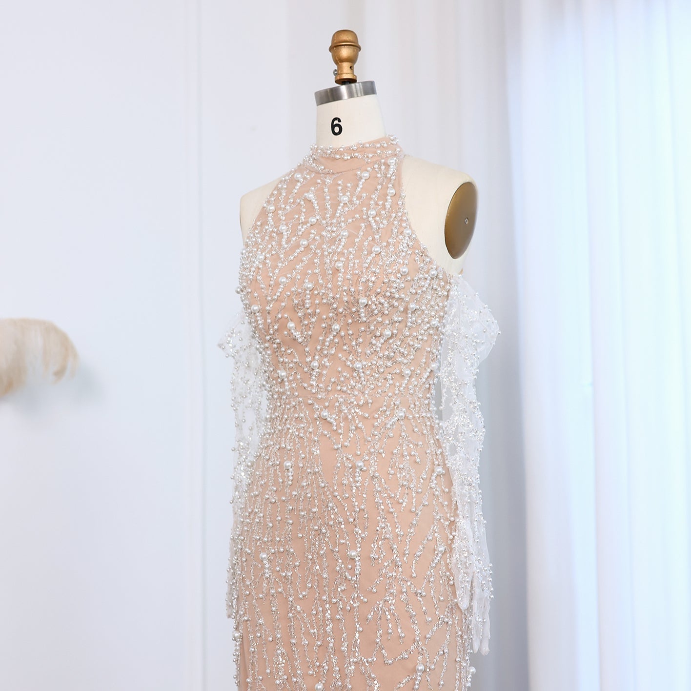 Luxury Beaded Nude Evening Dress with Gloves SS677