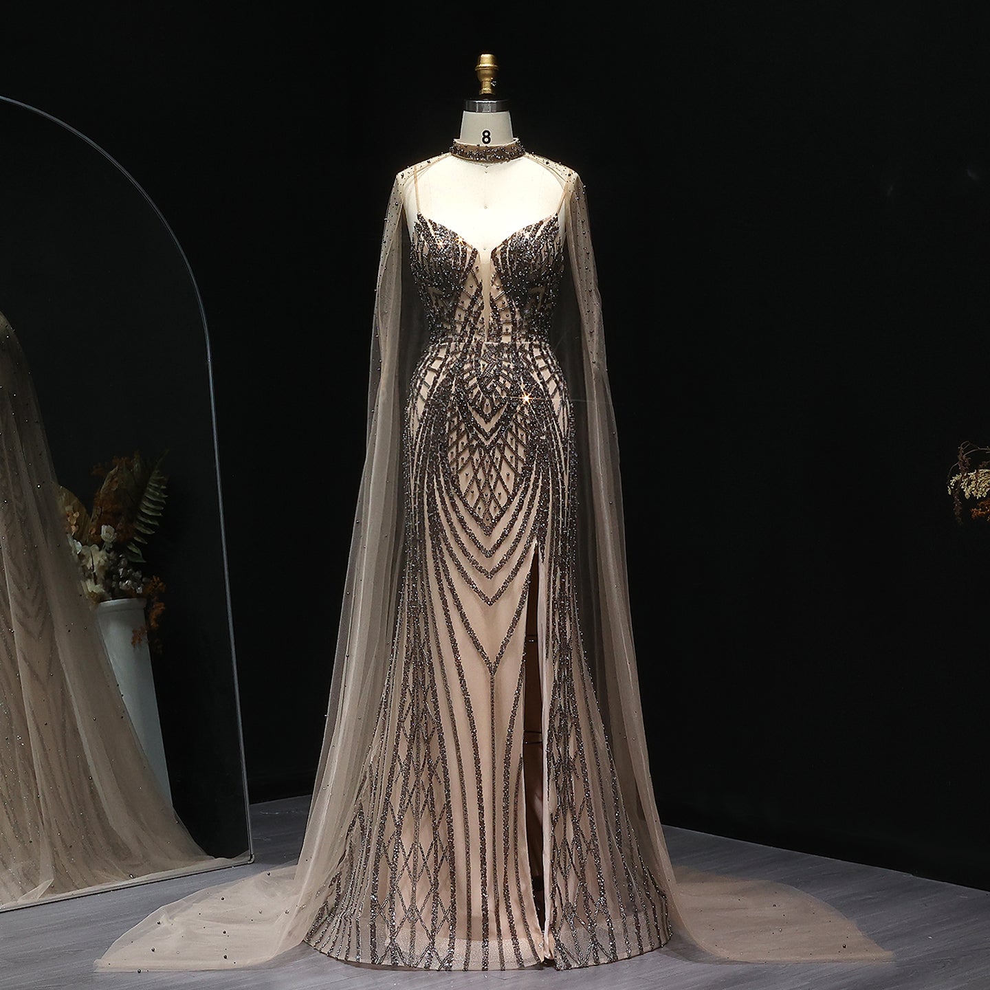 Glamorous Beaded Brown Evening Dress with Sheer Cape Side Slit SS055  Caramel / US 18