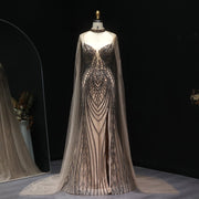 Glamorous Beaded Brown Evening Dress with Sheer Cape Side Slit SS055  Caramel / US 18