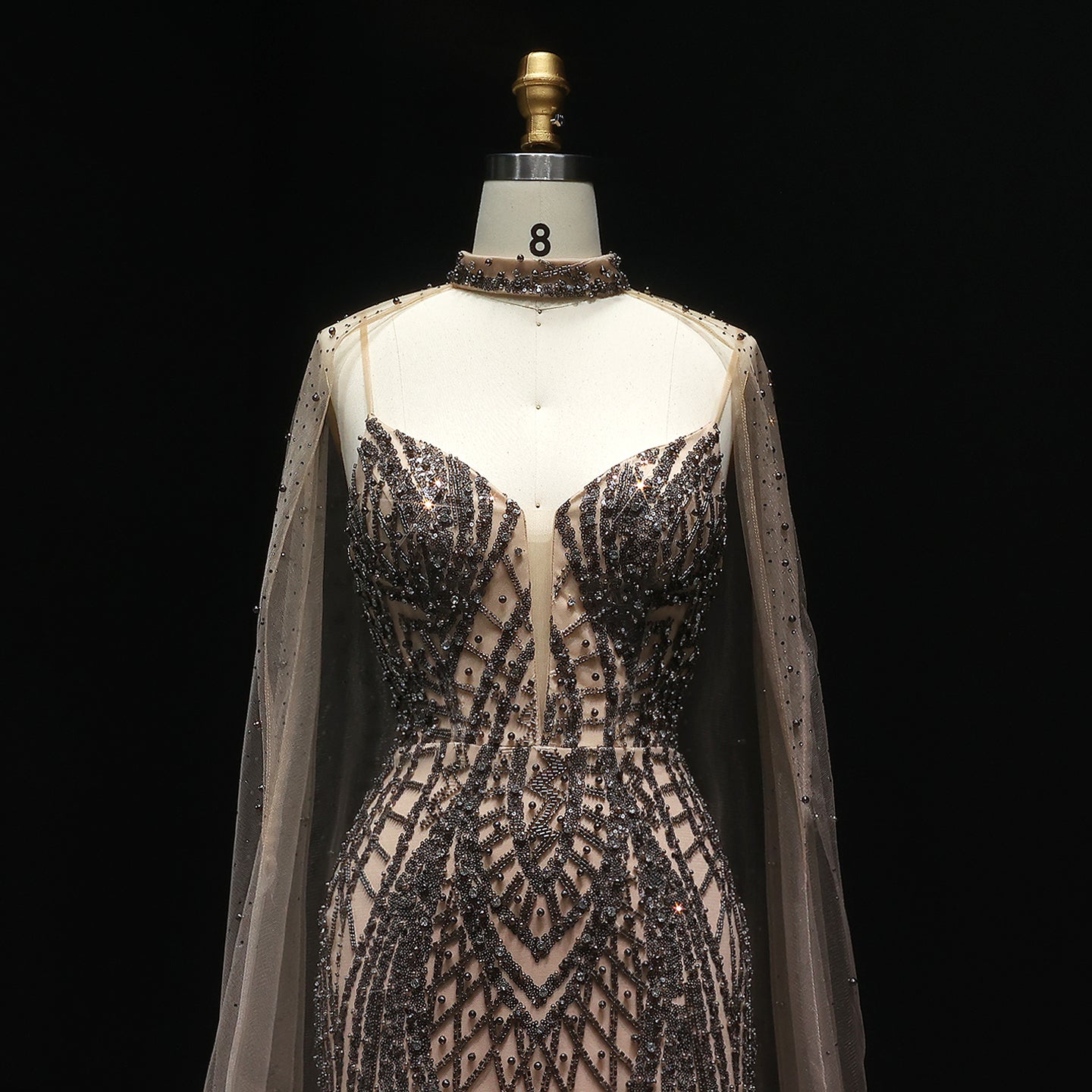 Glamorous Beaded Brown Evening Dress with Sheer Cape Side Slit SS055