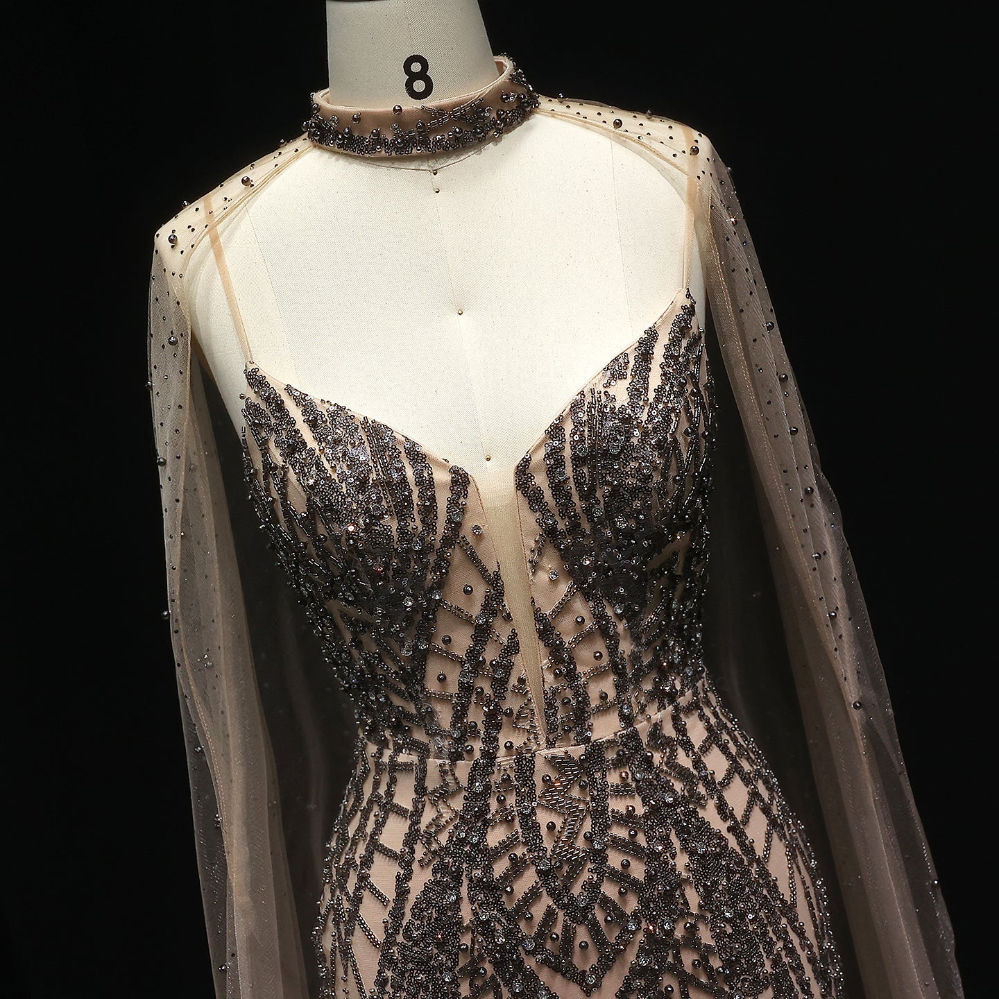Glamorous Beaded Brown Evening Dress with Sheer Cape Side Slit SS055