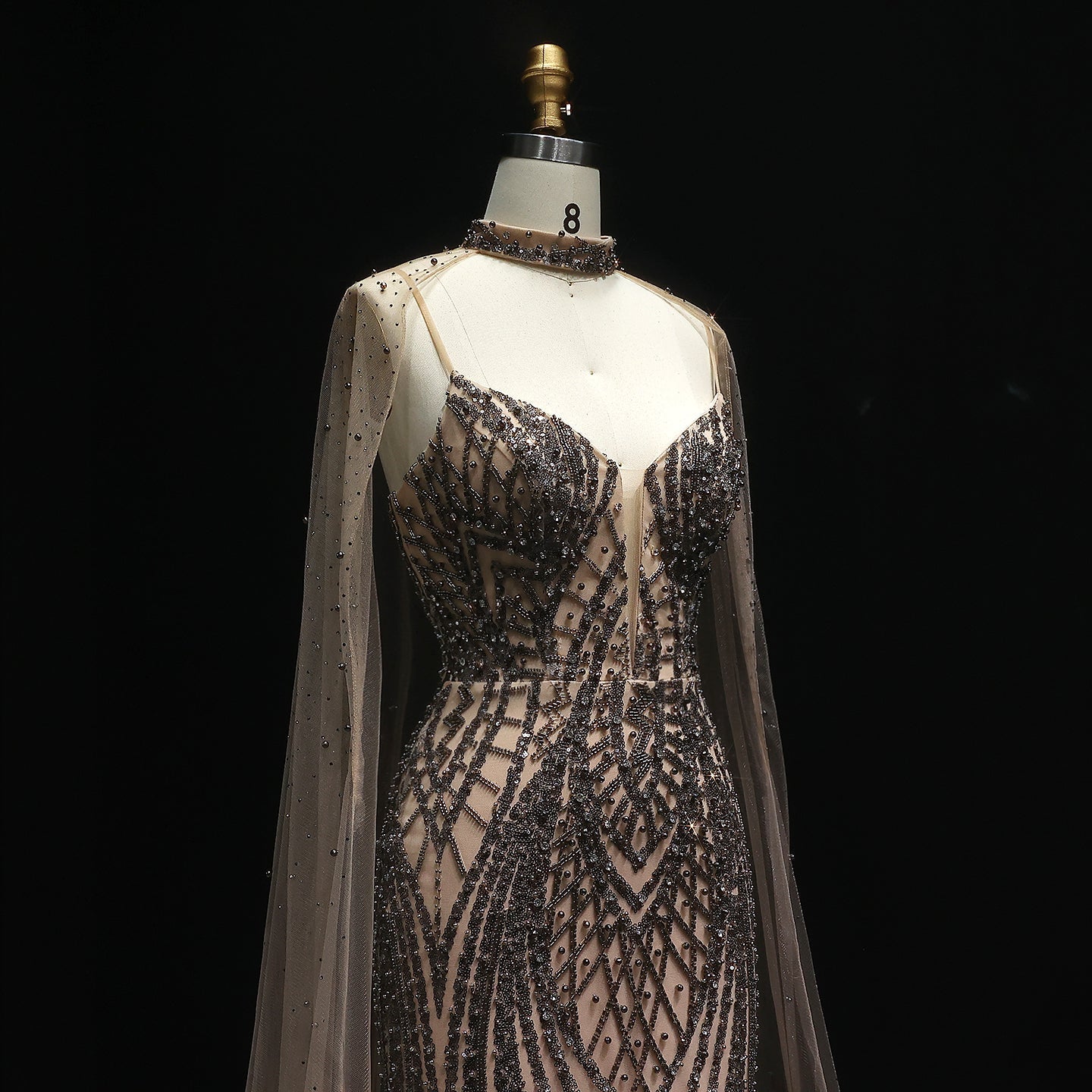 Glamorous Beaded Brown Evening Dress with Sheer Cape Side Slit SS055