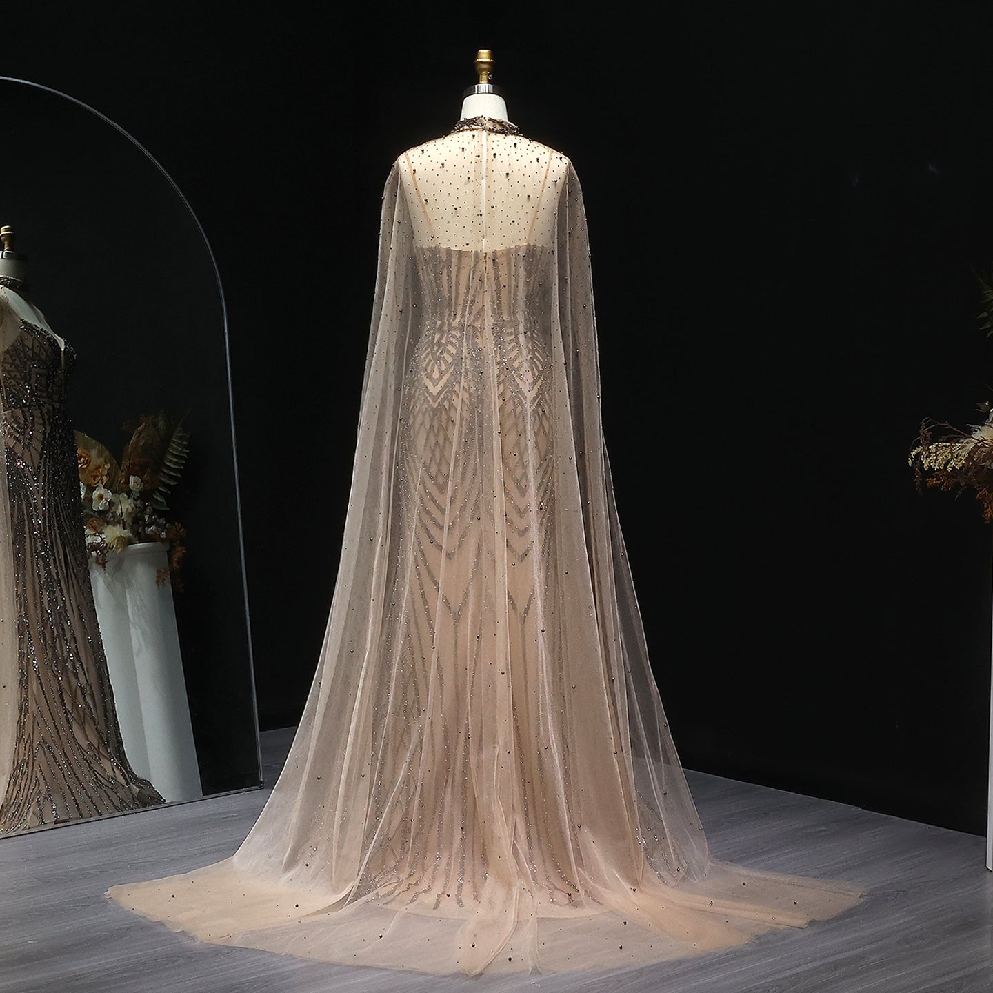 Glamorous Beaded Brown Evening Dress with Sheer Cape Side Slit SS055