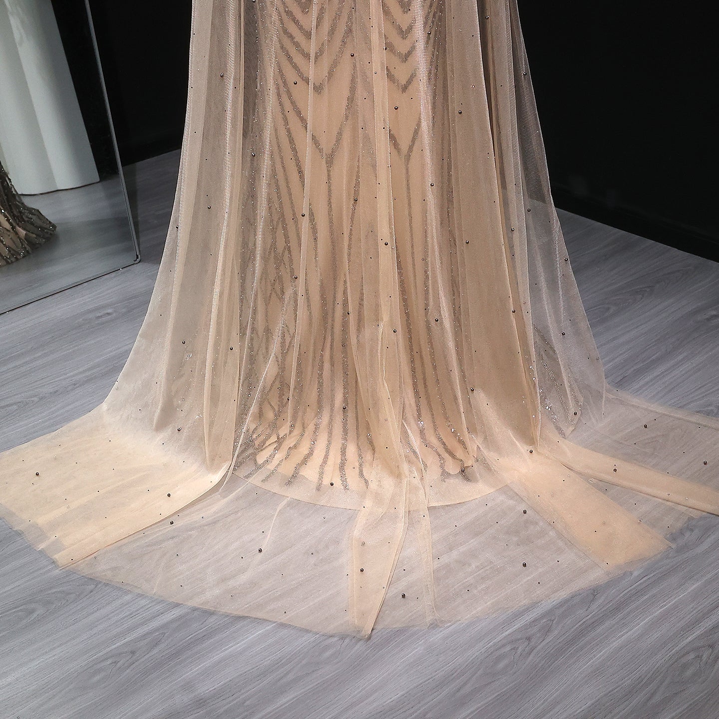 Glamorous Beaded Brown Evening Dress with Sheer Cape Side Slit SS055