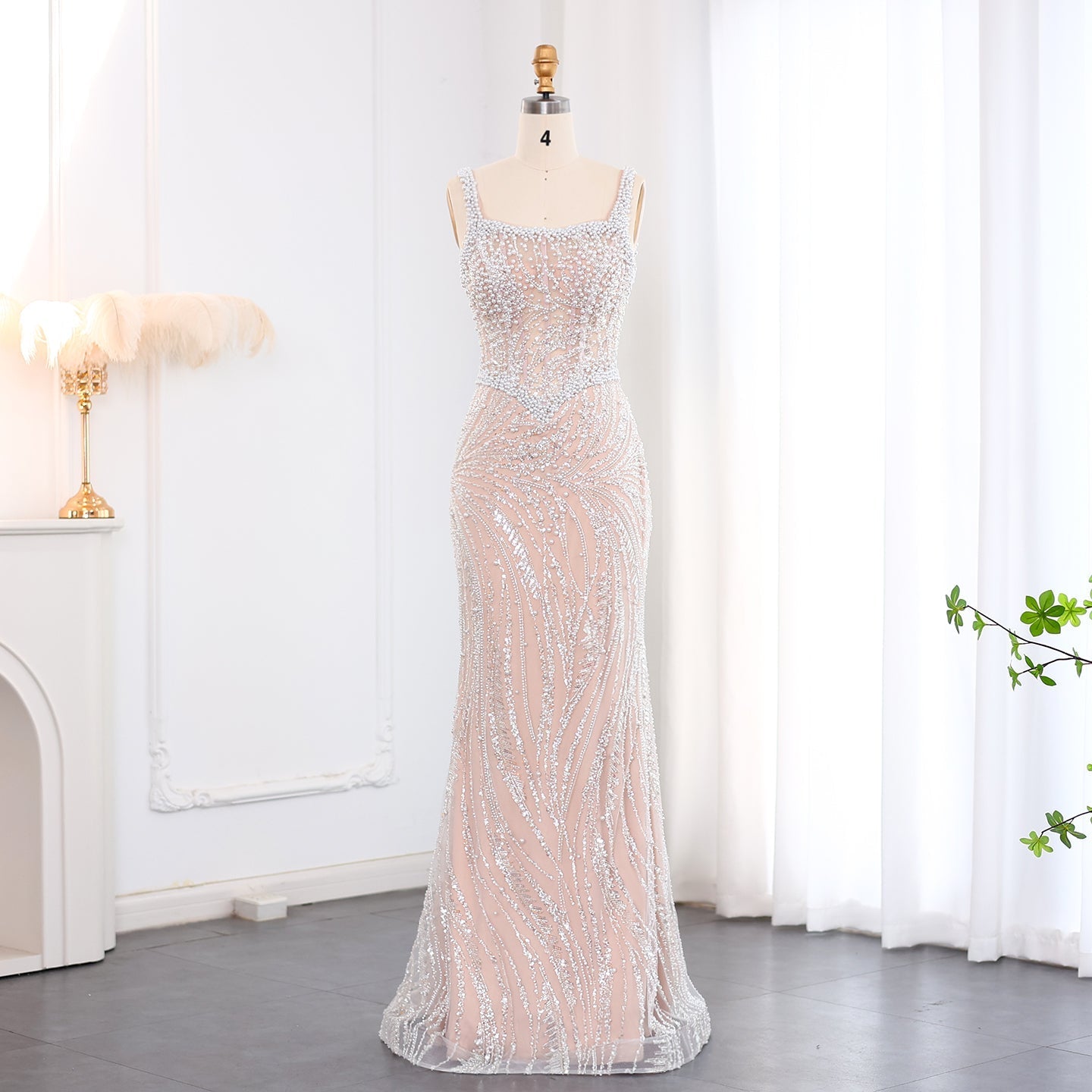 Elegant Mermaid White Nude Pearls Evening Dress SS706  Nude / US 20