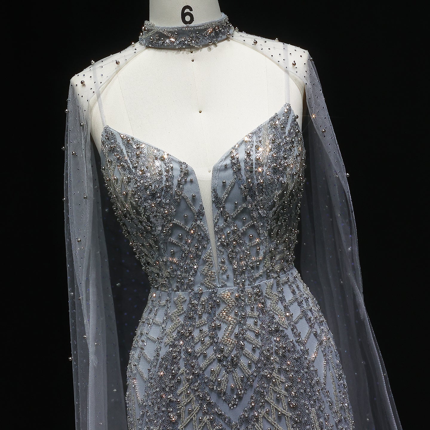 Glamorous Beaded Brown Evening Dress with Sheer Cape Side Slit SS055