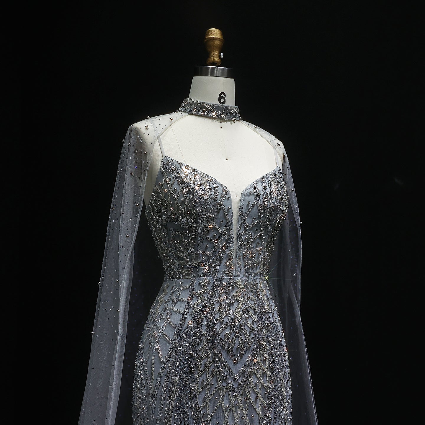 Glamorous Beaded Brown Evening Dress with Sheer Cape Side Slit SS055