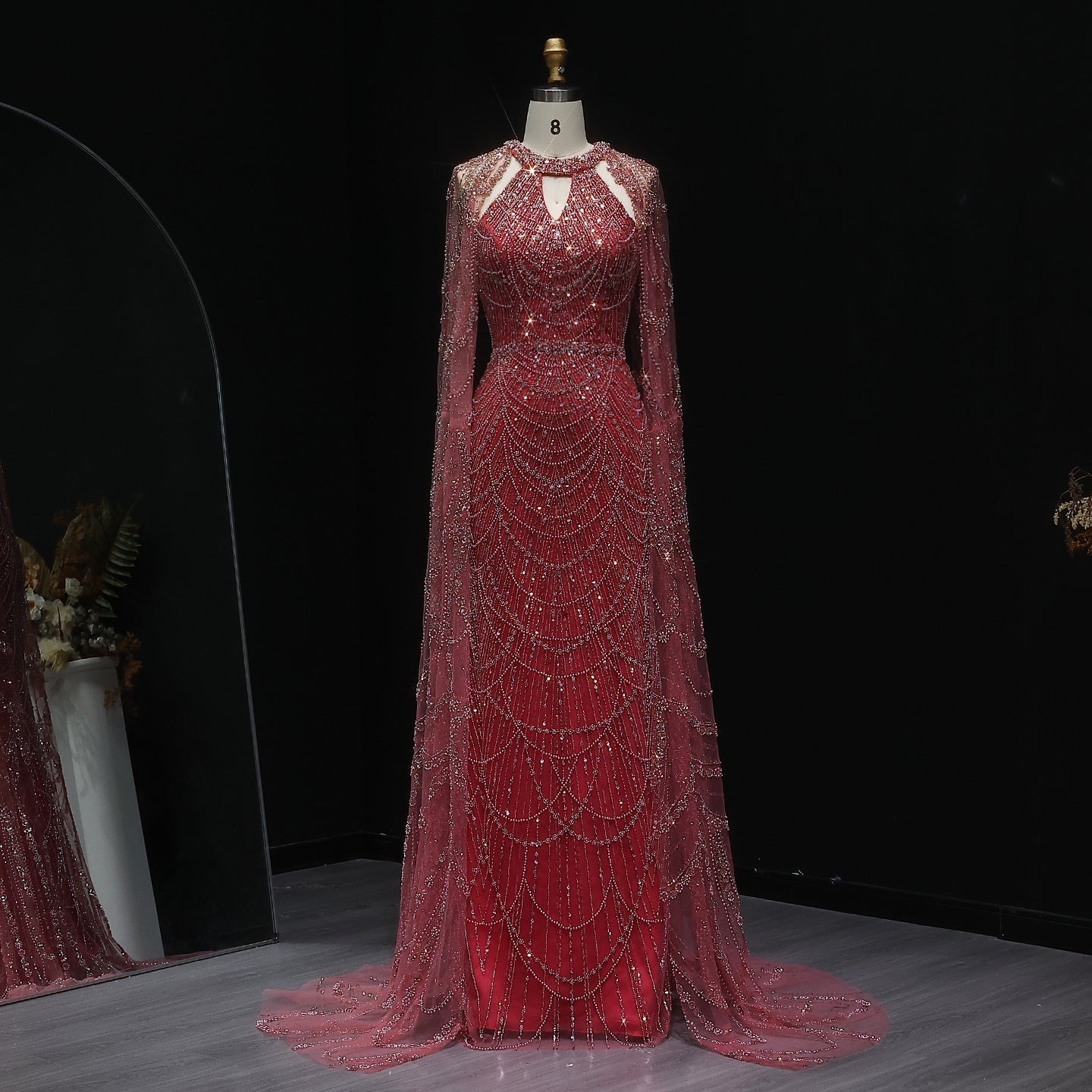 Stunning Burgundy Evening Dress with Cape SS669