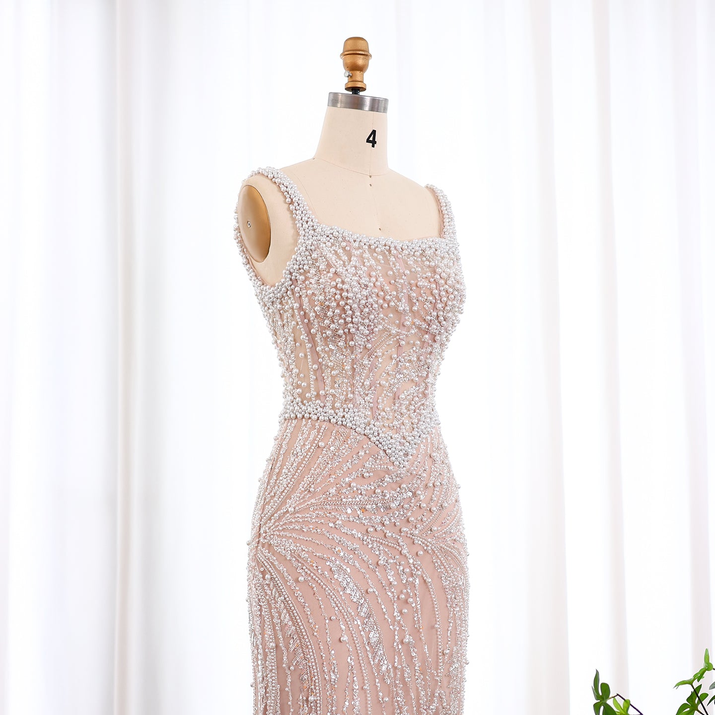 Elegant Mermaid White Nude Pearls Evening Dress SS706