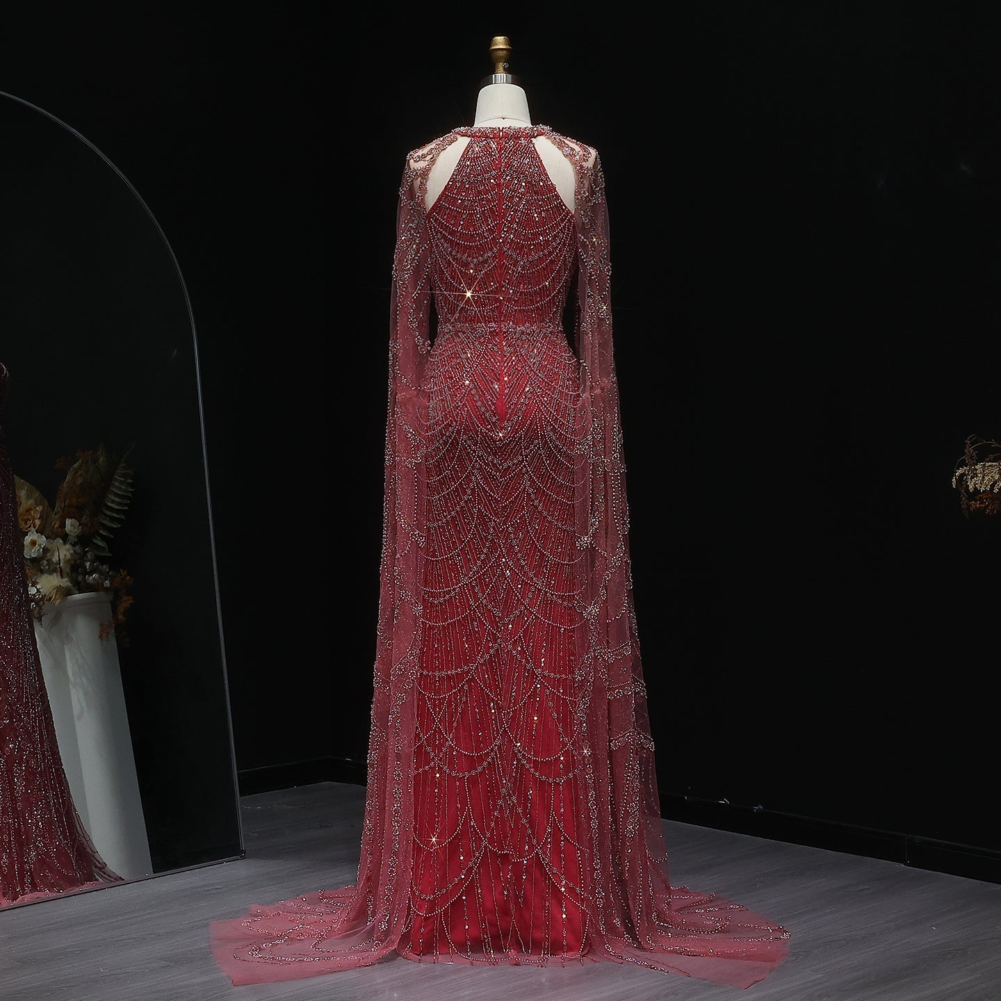 Stunning Burgundy Evening Dress with Cape SS669