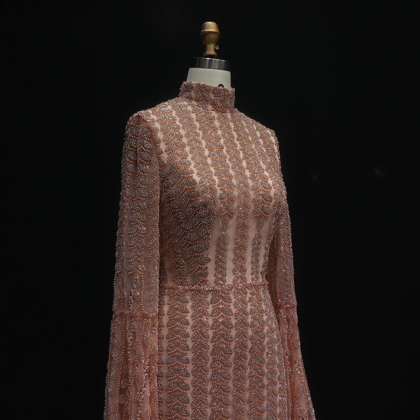 Luxury Rose Gold Evening Dress with Feathered Cape Sleeves SS788