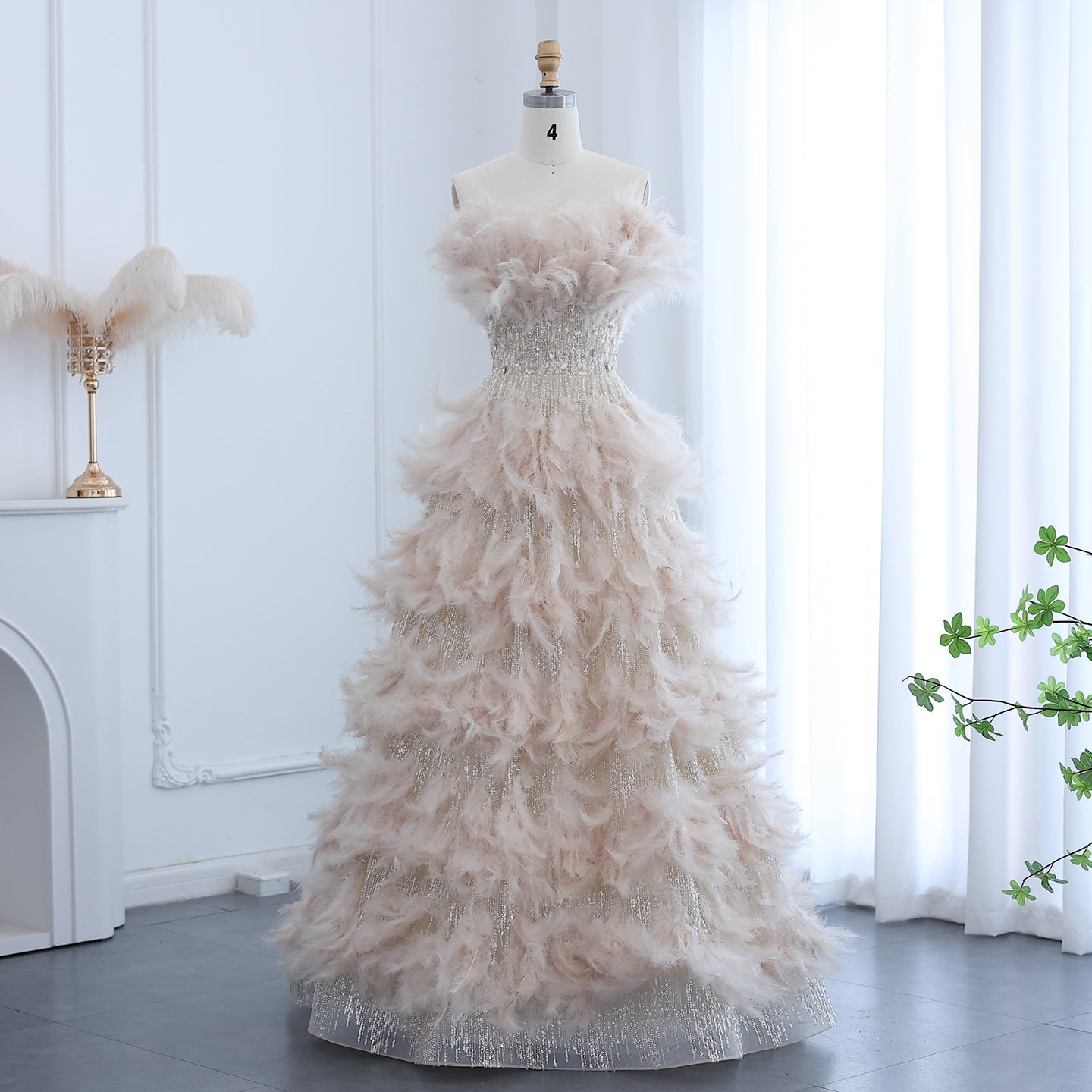 Luxury Feathers Strapless Ball Gown Evening Dress SS732  Pink / US 16