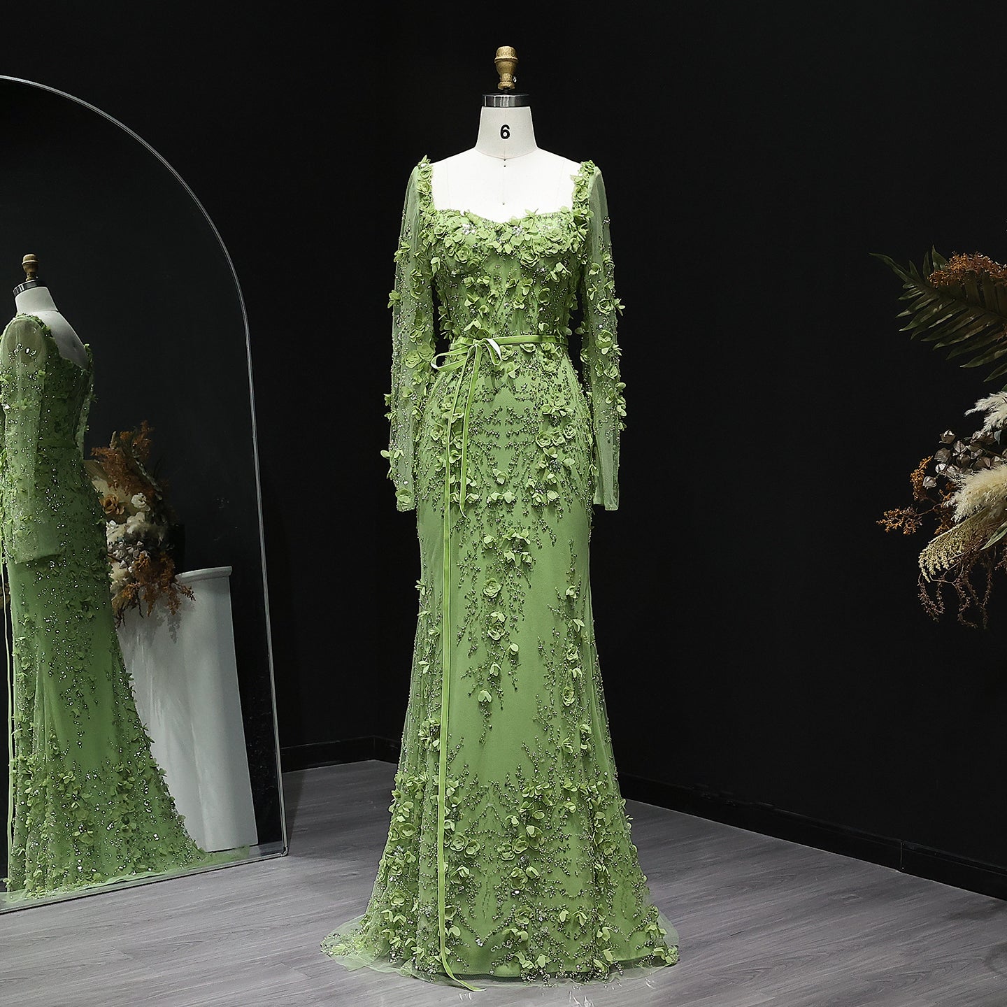Luxury Green 3D Floral Evening Dress with Long Sleeves SS355  Green / US 16